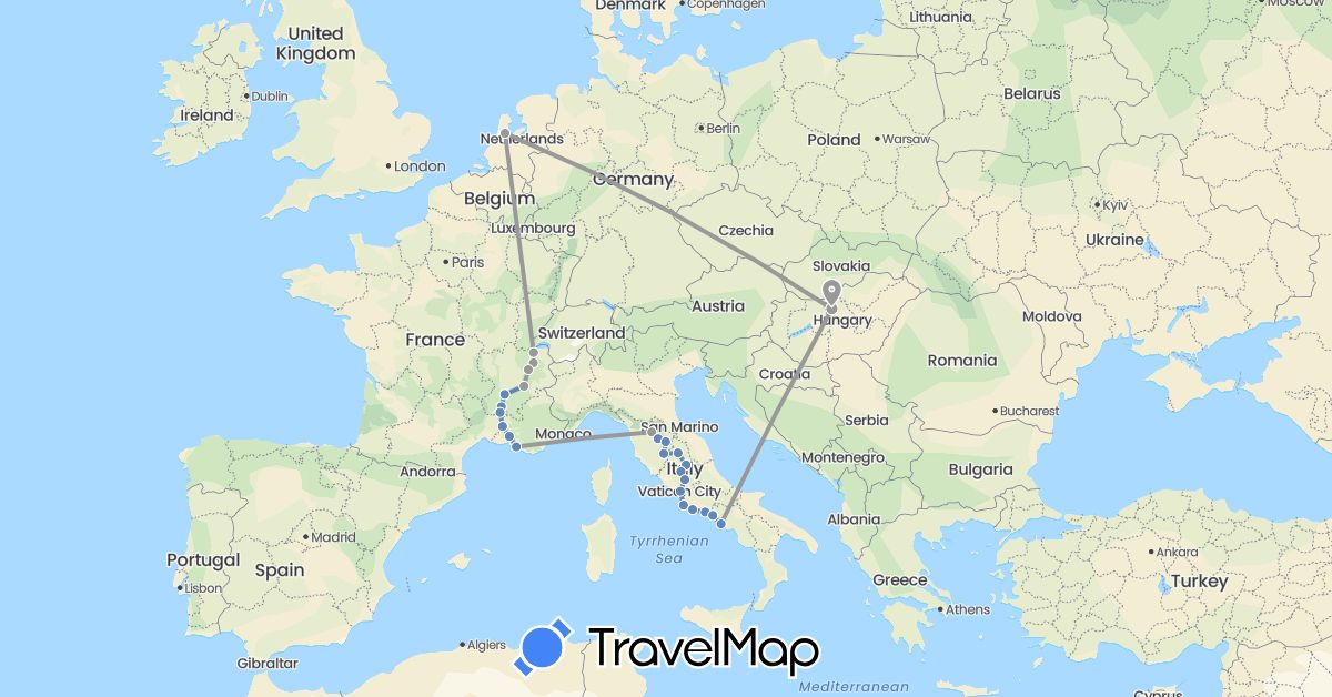 TravelMap itinerary: plane, cycling in Switzerland, France, Hungary, Italy, Netherlands (Europe)