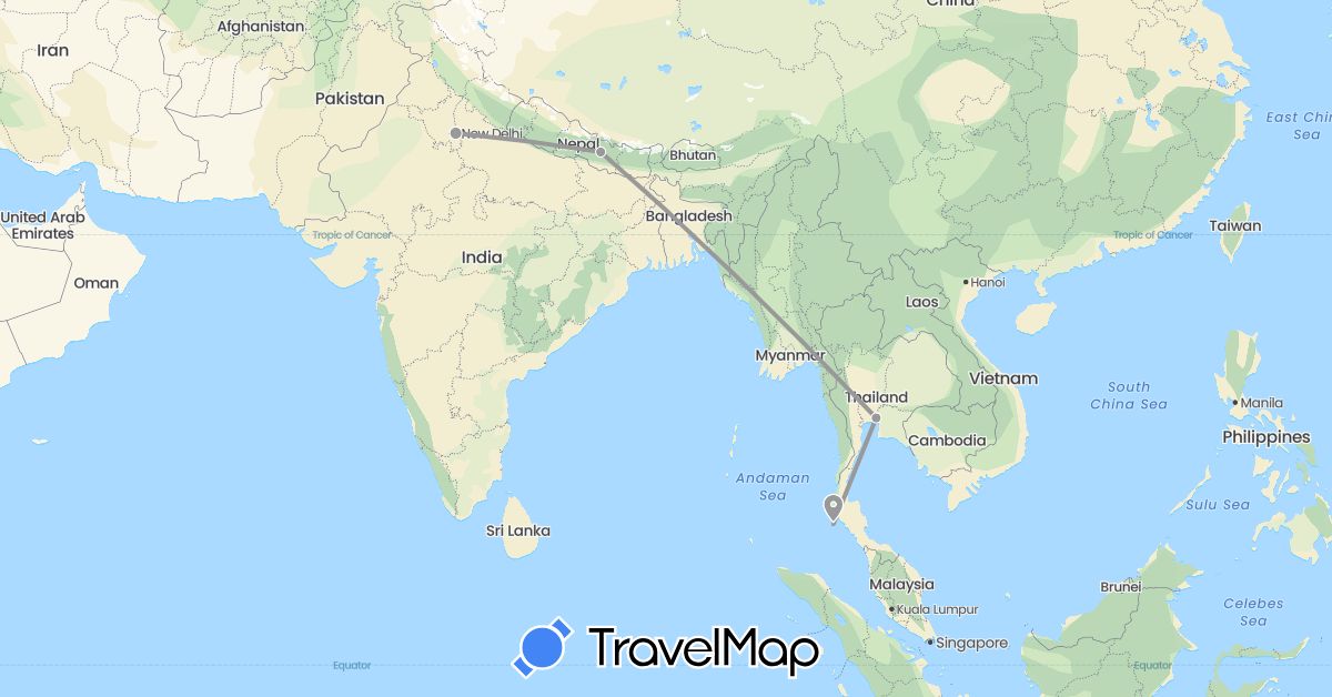 TravelMap itinerary: driving, plane in India, Nepal, Thailand (Asia)