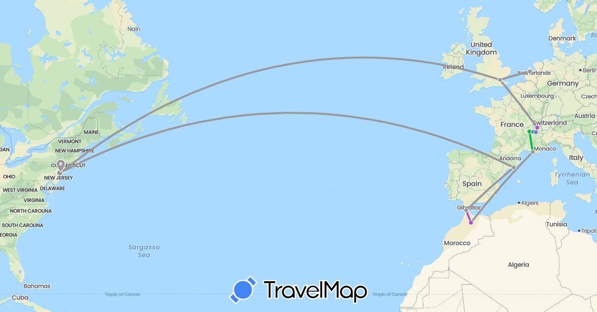 TravelMap itinerary: driving, bus, plane, cycling, train in Switzerland, Spain, France, United Kingdom, Morocco, Netherlands, United States (Africa, Europe, North America)