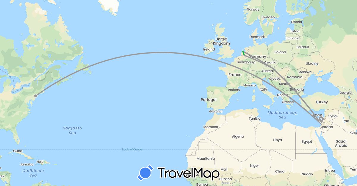 TravelMap itinerary: driving, bus, plane in Austria, Israel, Netherlands, United States (Asia, Europe, North America)